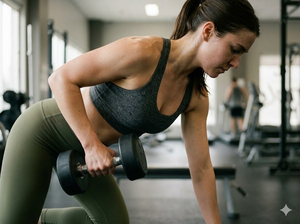 Woman performing dumbbell row exercise